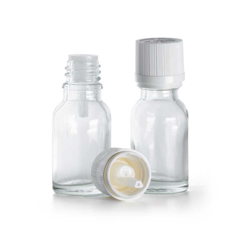 Frasco de vidrio, transparente, tapón de seguridad inviolable blanco con cuentagotas, 15 ml