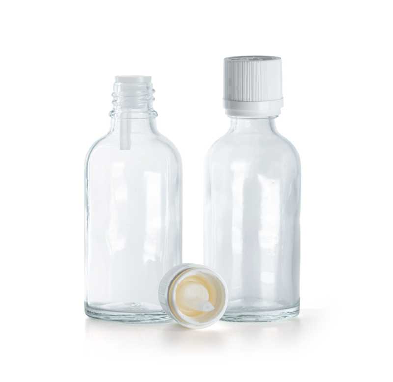 Frasco de vidrio, transparente, tapón de seguridad inviolable blanco con cuentagotas, 30 ml