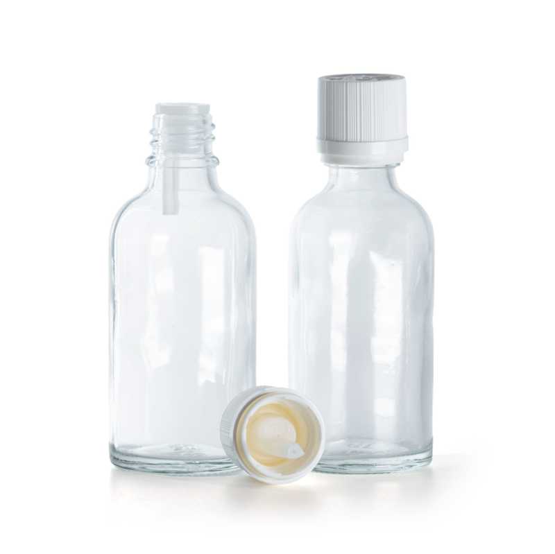 Botella de vidrio, transparente, tapón de seguridad blanco con cuentagotas, 50 ml