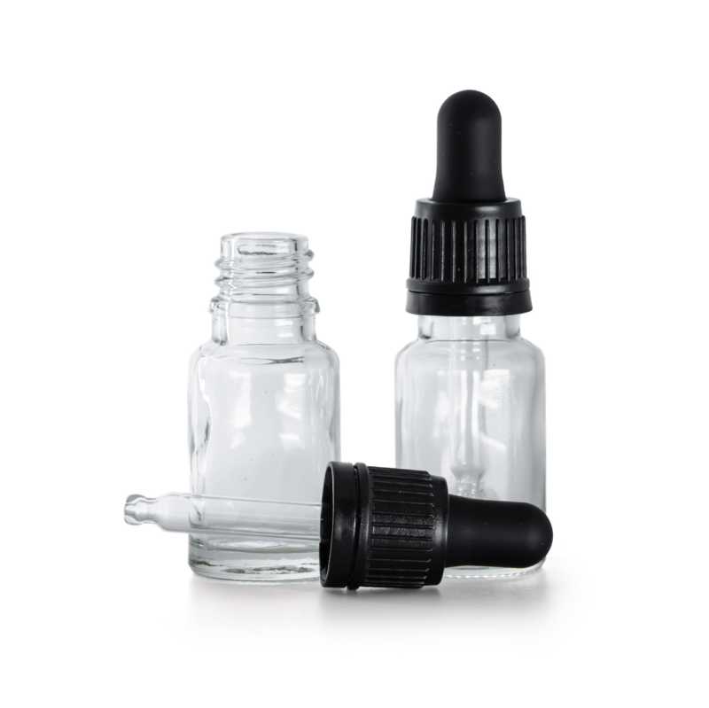 Frasco de vidrio, transparente, cuentagotas negro, 10 ml