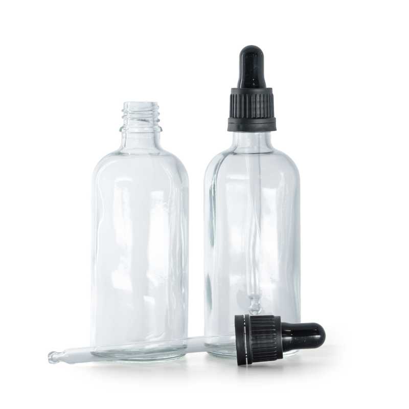 Botella de vidrio, transparente, cuentagotas negro, 100 ml