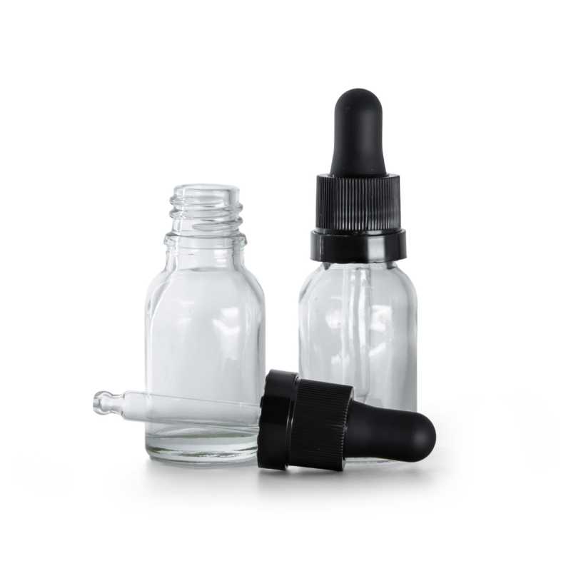 Frasco de vidrio, transparente, cuentagotas negro mate con franja brillante, 15 ml