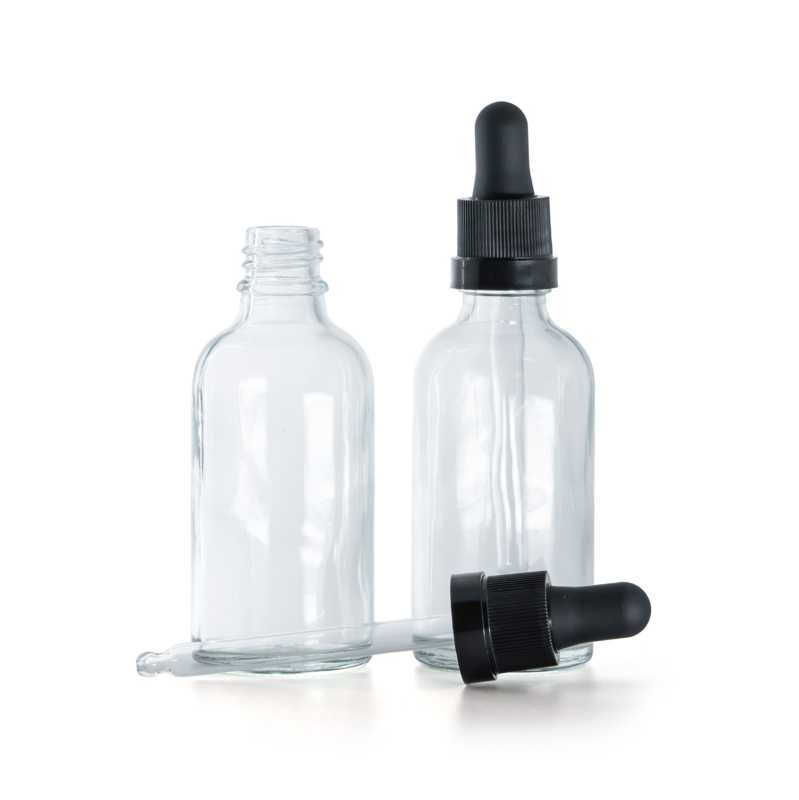 Botella de vidrio, transparente, cuentagotas negro mate con franja brillante, 30 ml
