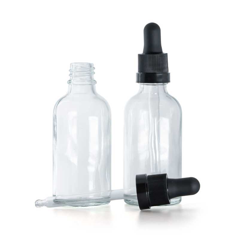 Botella de vidrio, transparente, cuentagotas, negro mate, franja brillante, 50 ml