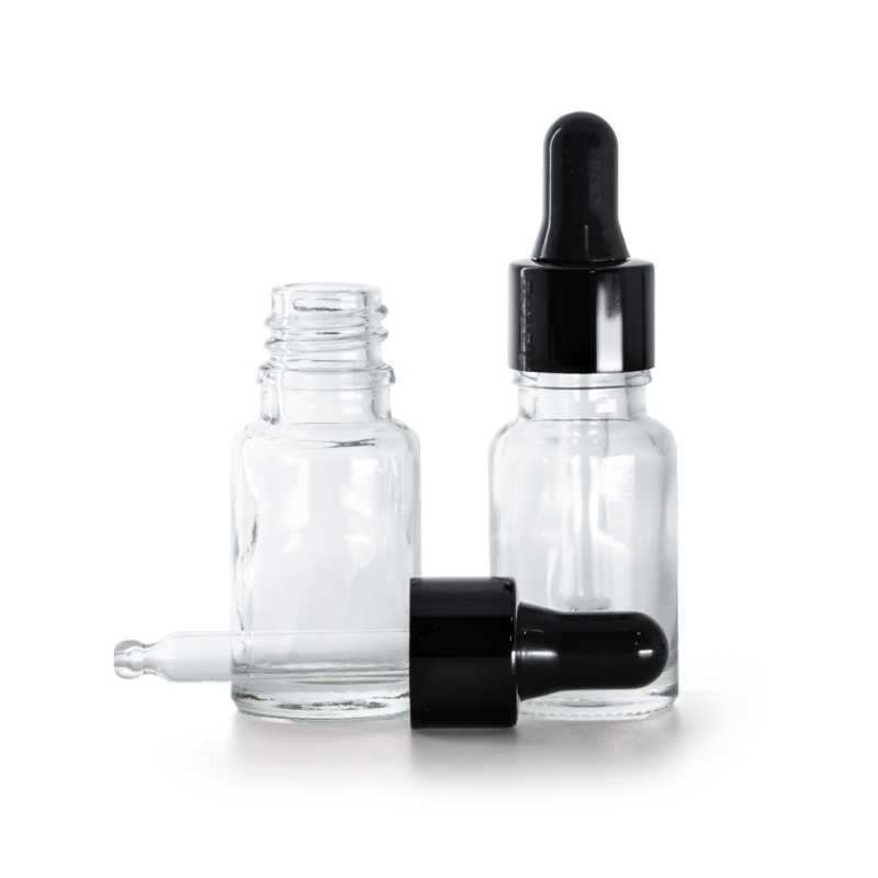 Frasco de vidrio, transparente, gotero negro brillante, 10 ml