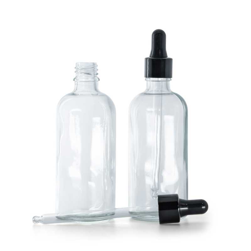 Botella de vidrio, transparente, gotero negro brillante, 100 ml