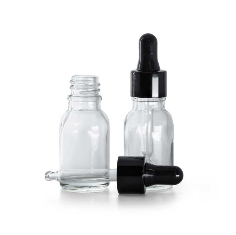 Frasco de vidrio, transparente, cuentagotas negro brillante, 15 ml
