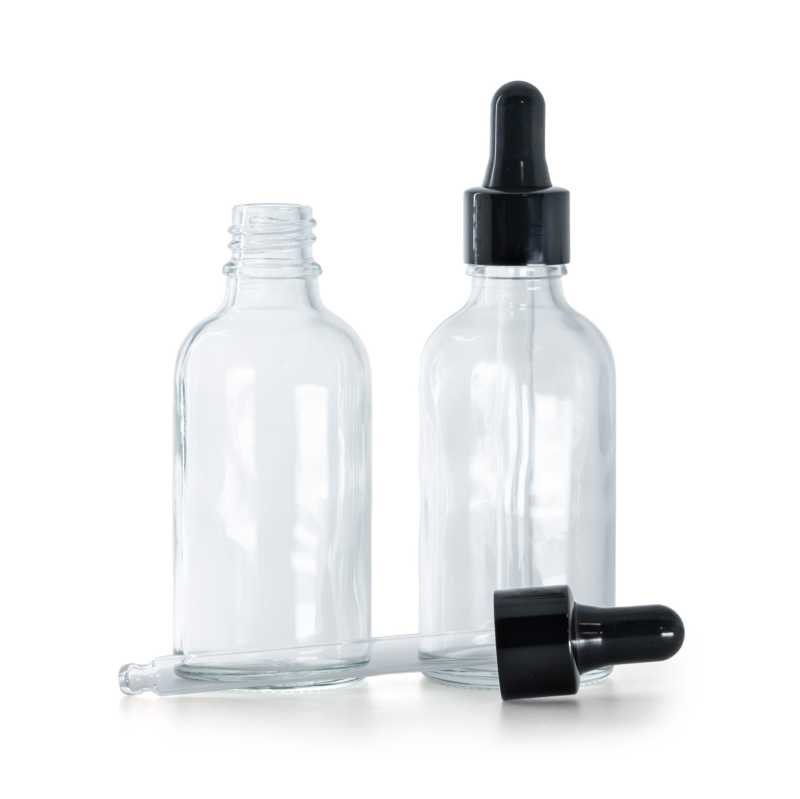 Botella de vidrio, transparente, cuentagotas negro brillante, 50 ml