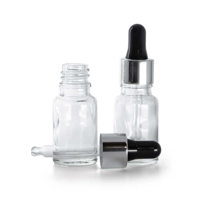 Botella de vidrio, transparente, cuentagotas negro plata, 10 ml