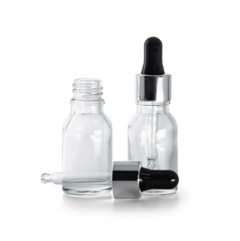 Frasco de vidrio, transparente, cuentagotas negro plateado, 15 ml