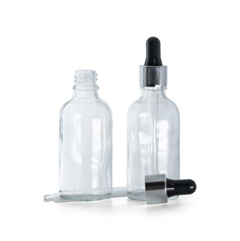 Botella de vidrio, transparente, cuentagotas negro plateado, 30 ml
