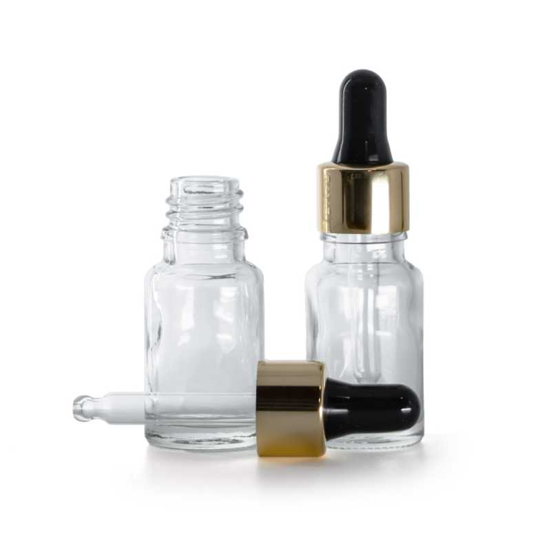 Frasco de vidrio, transparente, cuentagotas negro y dorado, 10 ml