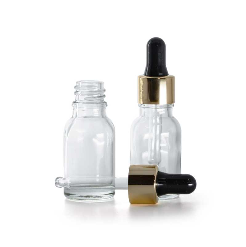 Botella de vidrio, transparente, cuentagotas negro y dorado, 15 ml