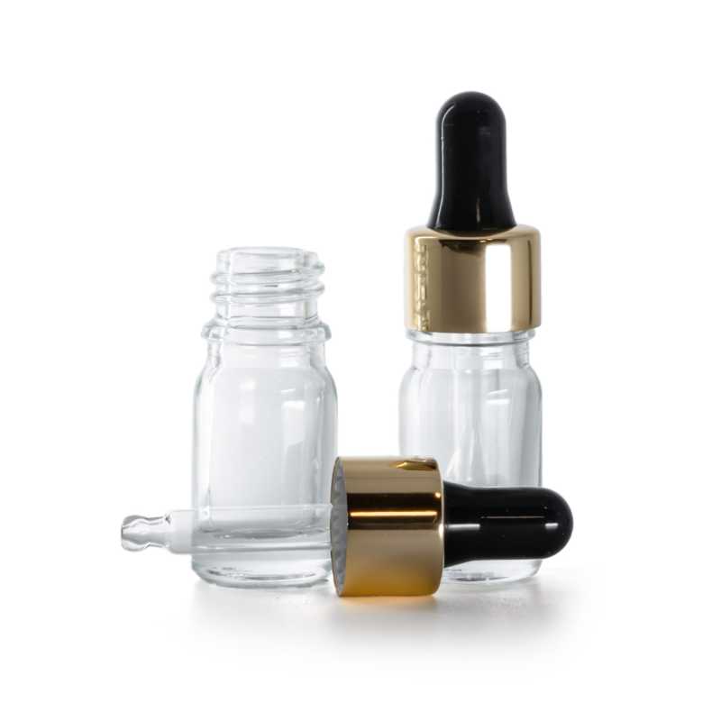 Frasco de vidrio, transparente, cuentagotas negro dorado, 5 ml
