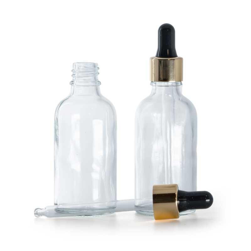 Frasco de vidrio, transparente, cuentagotas negro dorado, 50 ml