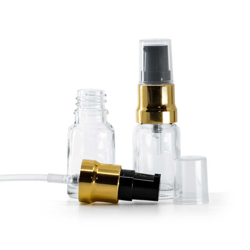 Botella de vidrio, transparente, dispensador negro dorado brillante, tapa transparente, 10 ml