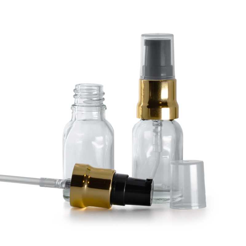 Frasco de vidrio, transparente, dispensador negro dorado brillante, tapón transparente, 15 ml