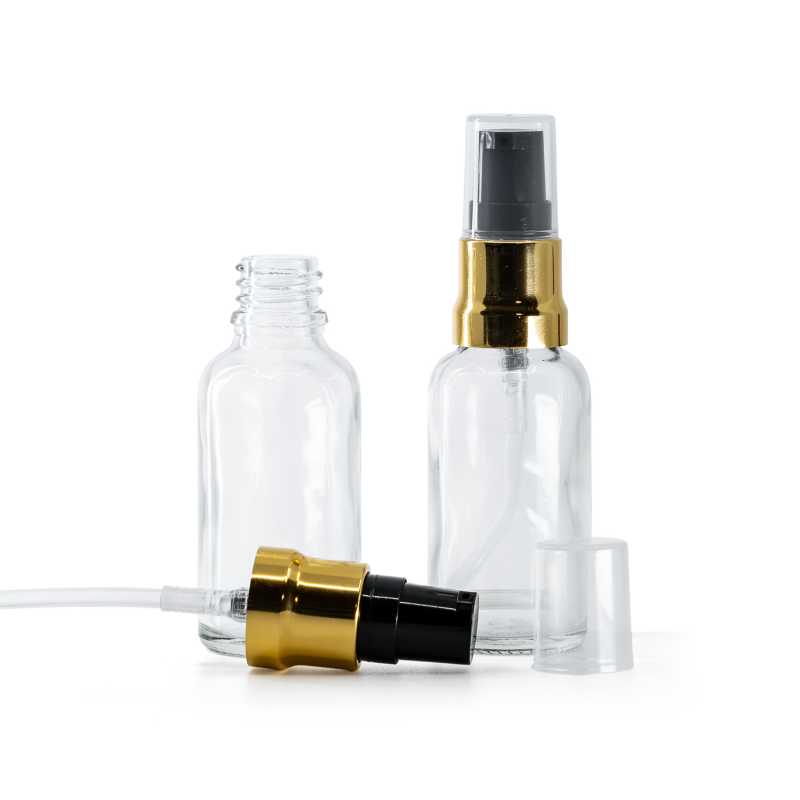 Botella de vidrio, transparente, dispensador negro dorado brillante, tapa transparente, 30 ml