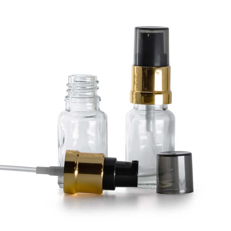 Frasco de vidrio transparente, bomba negra dorada brillante con sobretapa ahumada, 10 ml