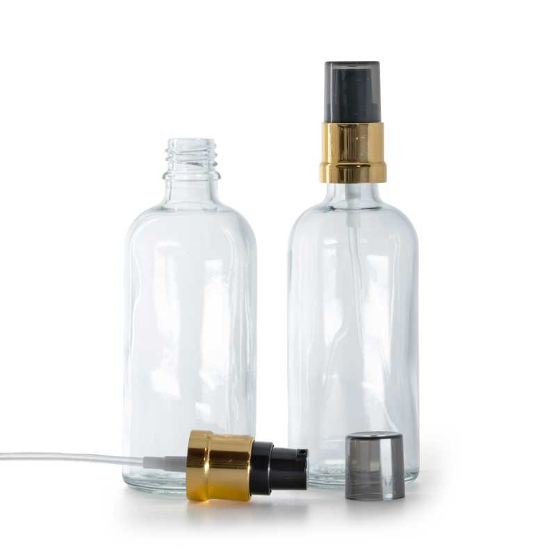 Frasco de vidrio transparente, bomba negra y dorada brillante con sobretapa ahumada, 100 ml