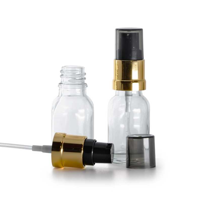 Frasco de vidrio transparente, dispensador negro y dorado brillante con sobretapa ahumada, 15 ml