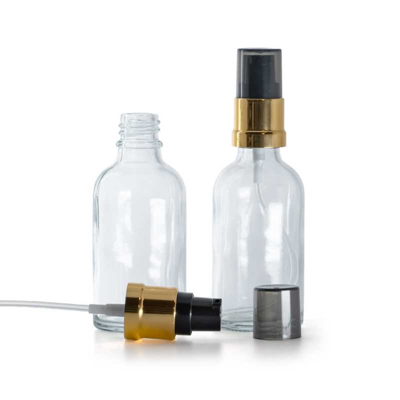 Frasco de vidrio transparente, bomba negra y dorada brillante con sobretapa ahumada, 30 ml