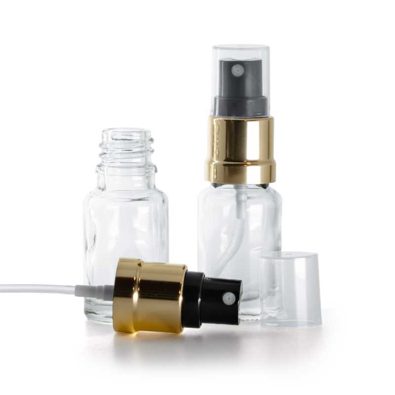 Botella de vidrio, transparente, pulverizador negro dorado brillante, 10 ml