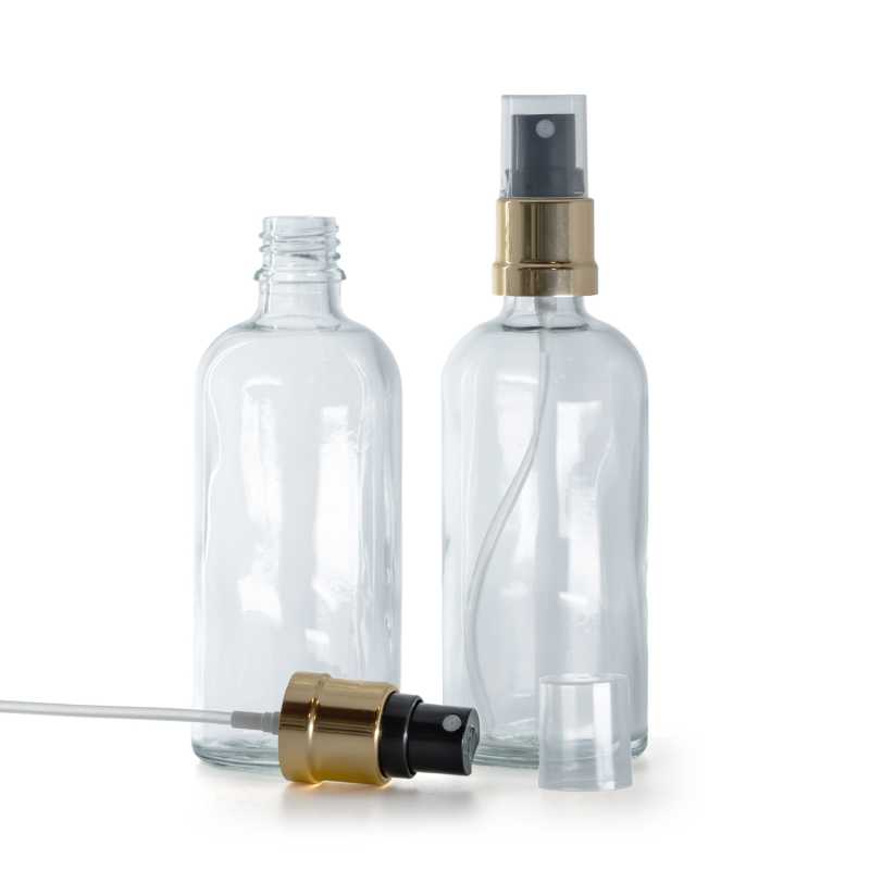 Botella de vidrio, transparente, pulverizador negro dorado brillante, 100 ml