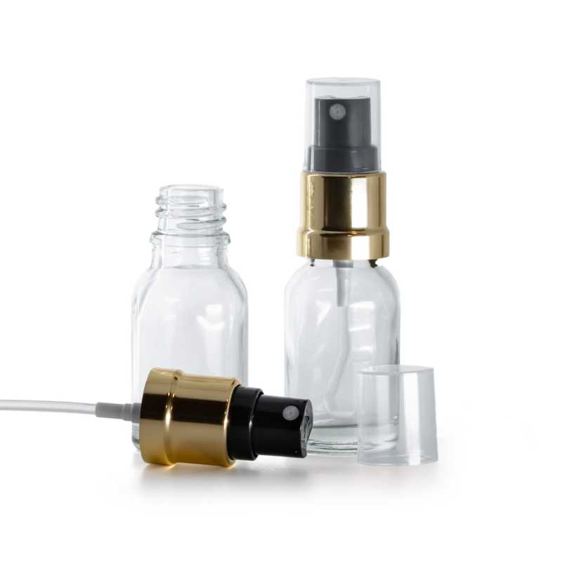 Botella de vidrio, pulverizador, transparente, negro y dorado, 15 ml