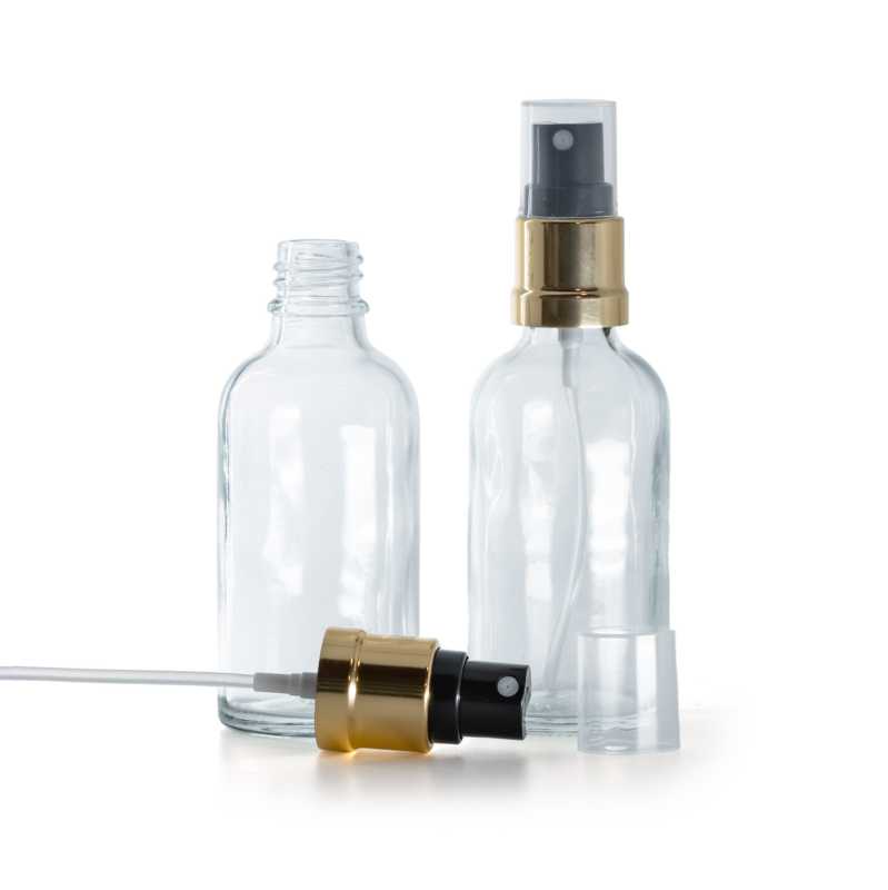 Botella de vidrio, transparente, pulverizador negro dorado, 30 ml