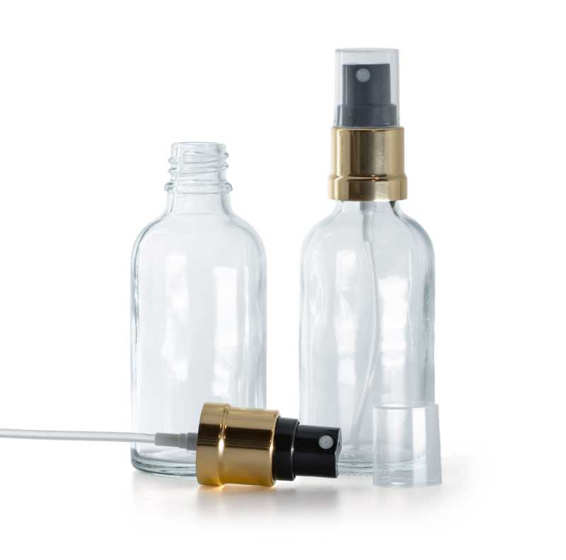 Botella de vidrio, transparente, pulverizador negro dorado brillante, 50 ml