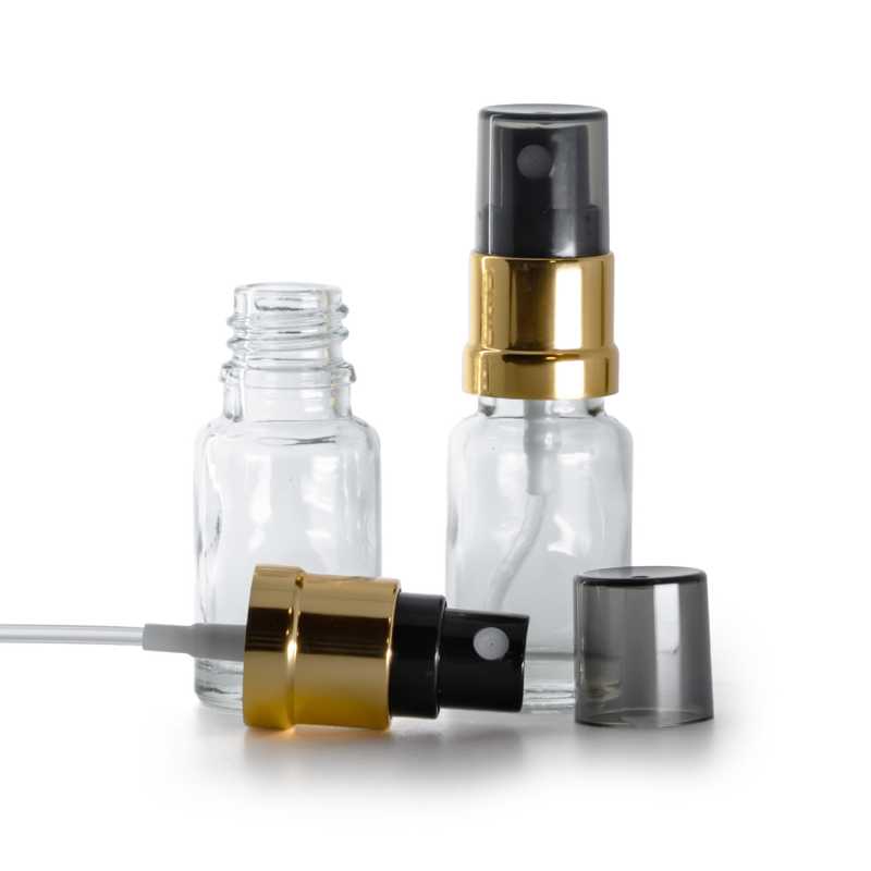 Frasco de vidrio transparente, pulverizador negro y dorado, sobretapa ahumada, 10 ml