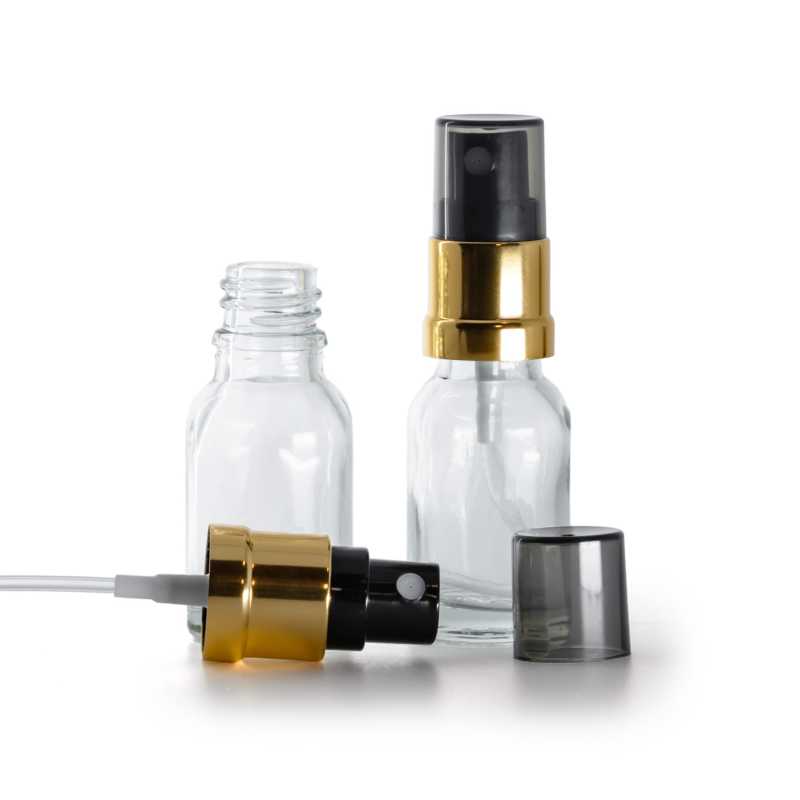 Frasco de vidrio transparente, pulverizador negro y dorado, sobretapa ahumada, 15 ml