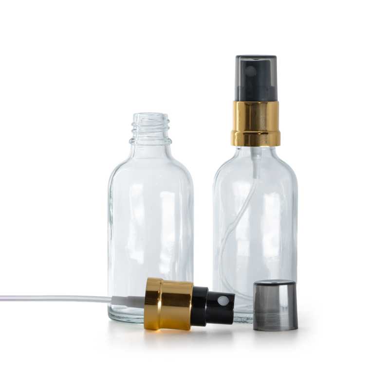 Frasco de vidrio transparente, pulverizador negro y dorado, sobretapa ahumada, 30 ml