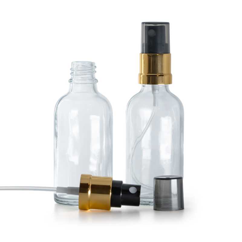 Frasco de vidrio transparente, pulverizador negro y dorado, sobretapa ahumada, 50 ml