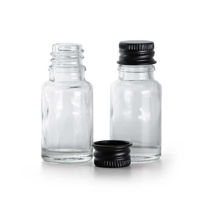 Frasco de vidrio, transparente, tapón de aluminio negro, 10 ml