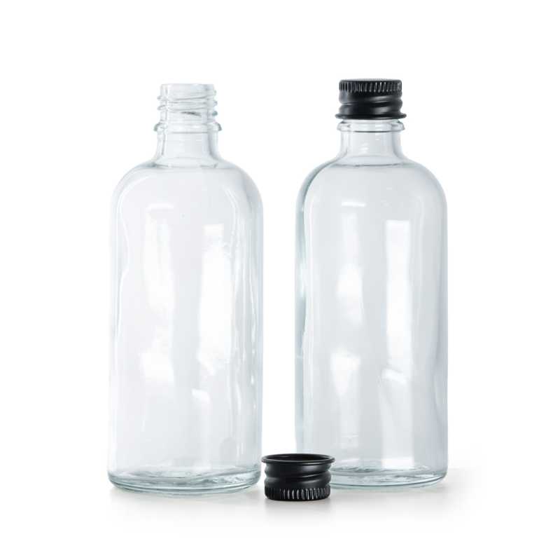 Botella de vidrio, transparente, tapón de aluminio negro, 100 ml
