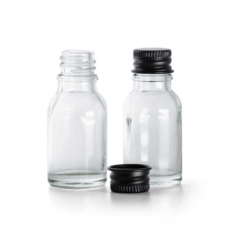 Botella de vidrio, transparente, negra, 15 ml