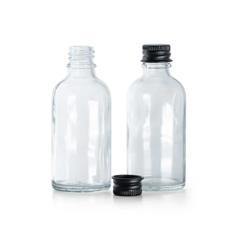 Botella de vidrio, transparente, tapón de aluminio negro, 30 ml