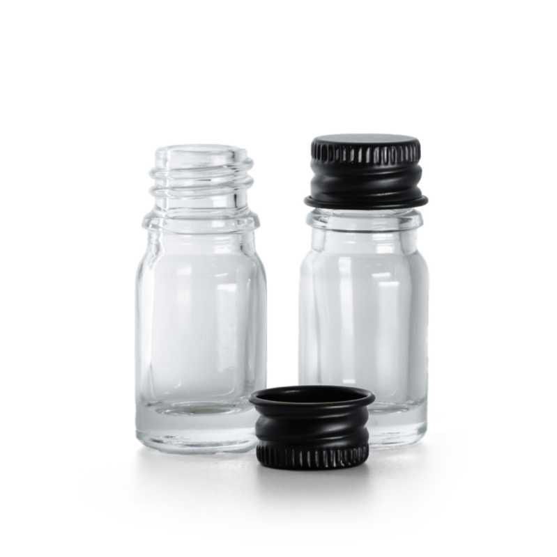 Botella de vidrio, transparente, tapón de aluminio negro, 5 ml