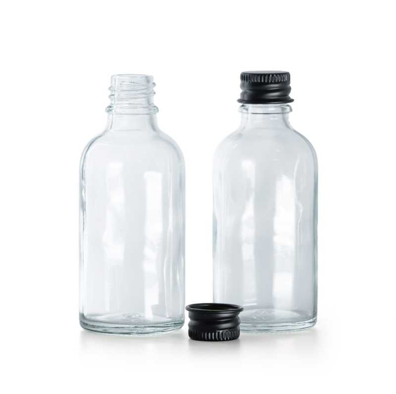 Frasco de vidrio, transparente, tapón de aluminio negro, 50 ml