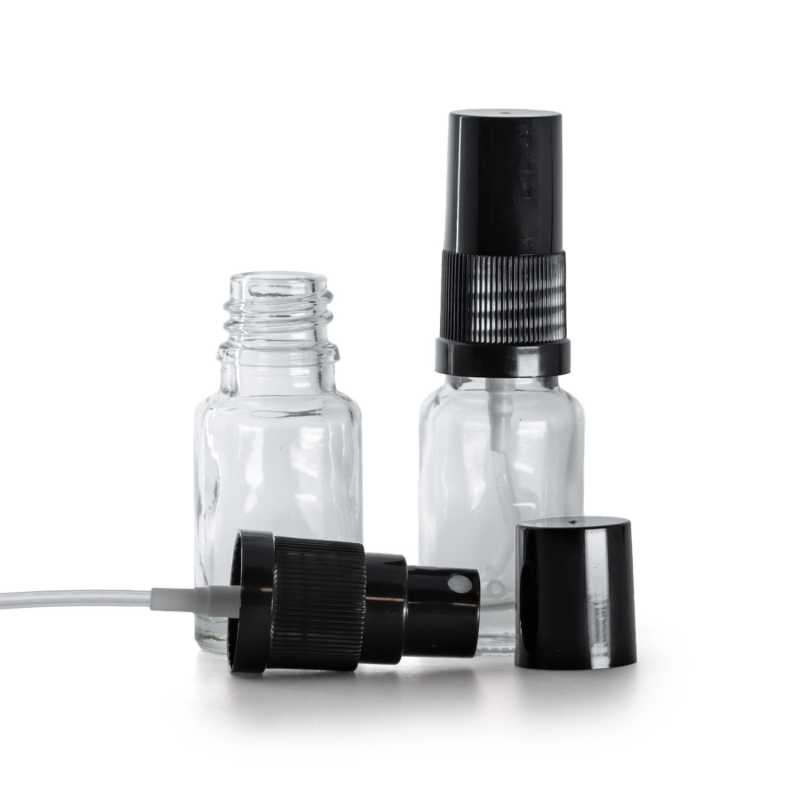 Botella de vidrio, transparente, pulverizador, negro, 10 ml