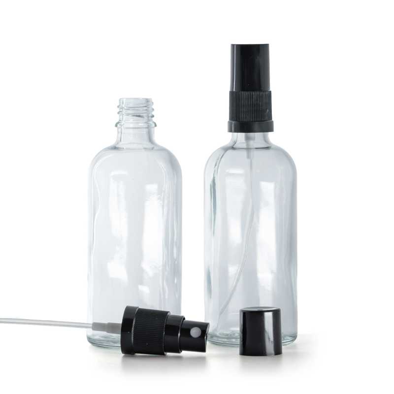 Botella de vidrio, transparente, pulverizador negro, tapa negra, 100 ml