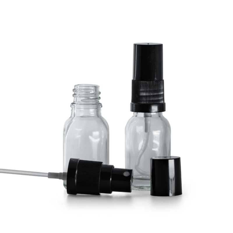 Botella de vidrio, transparente, pulverizador, negro, 15 ml