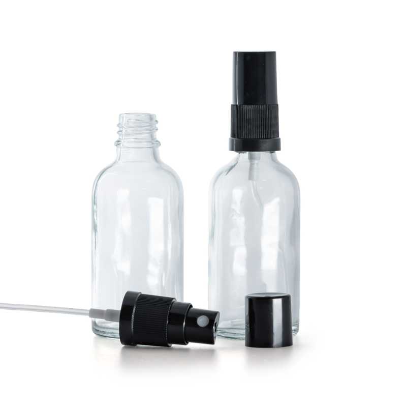 Botella de vidrio, transparente, pulverizador negro, tapón negro, 30 ml