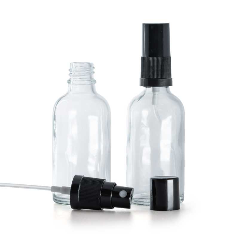 Botella de vidrio, transparente, pulverizador negro, tapón negro, 50 ml