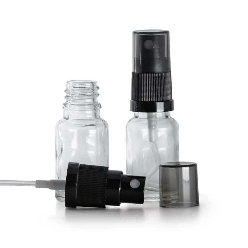 Frasco de vidrio transparente, pulverizador negro, sobretapa ahumada, 10 ml