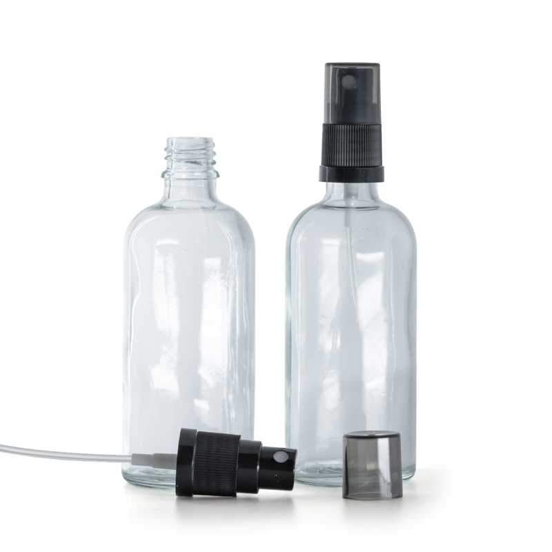 Frasco de vidrio transparente, pulverizador negro de bruma fina, sobretapa ahumada, 100 ml