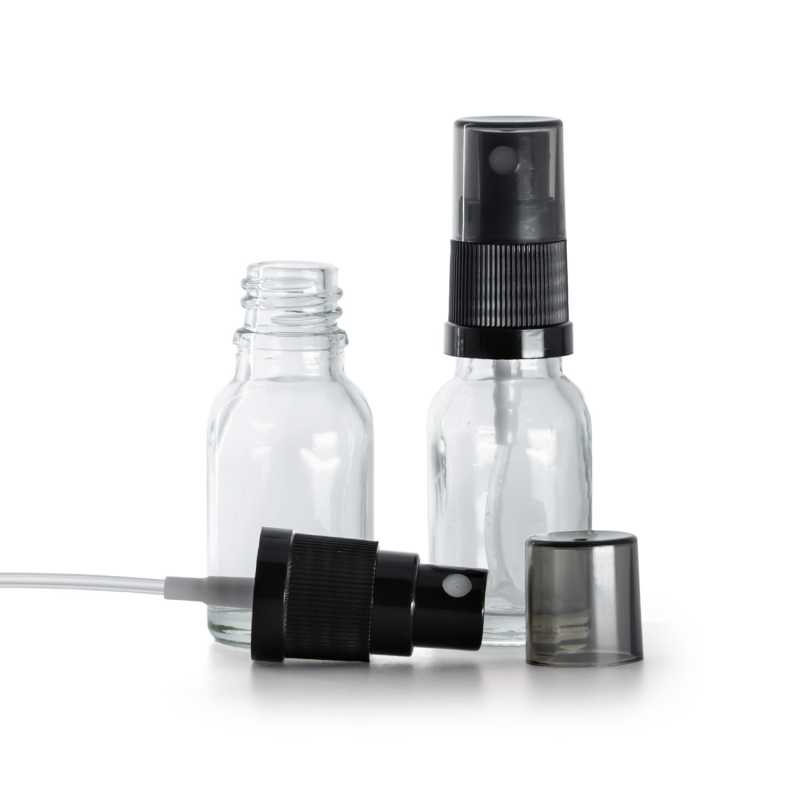 Frasco de vidrio transparente, pulverizador negro de bruma fina, sobretapa ahumada, 15 ml