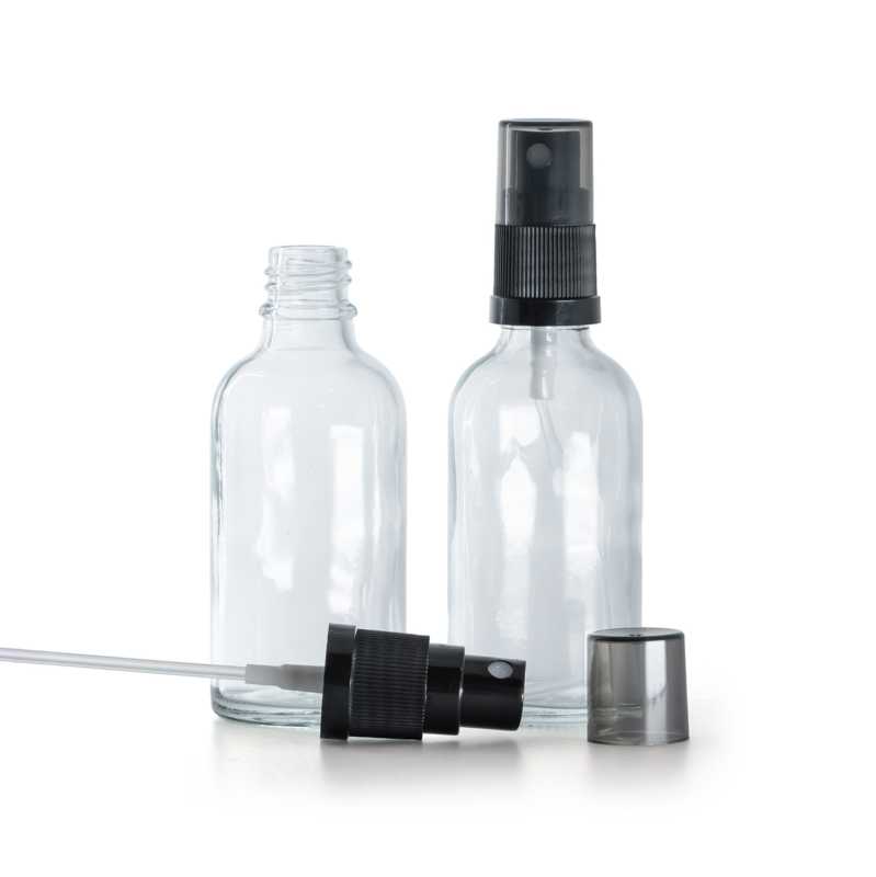 Frasco de vidrio transparente, pulverizador negro de bruma fina, sobretapa ahumada, 30 ml